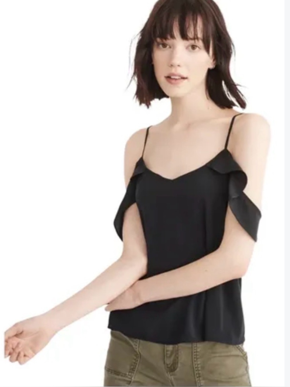 Abercrombie & Fitch Black Cold-Shoulder Ruffle Tank Top Feminine Blouse
